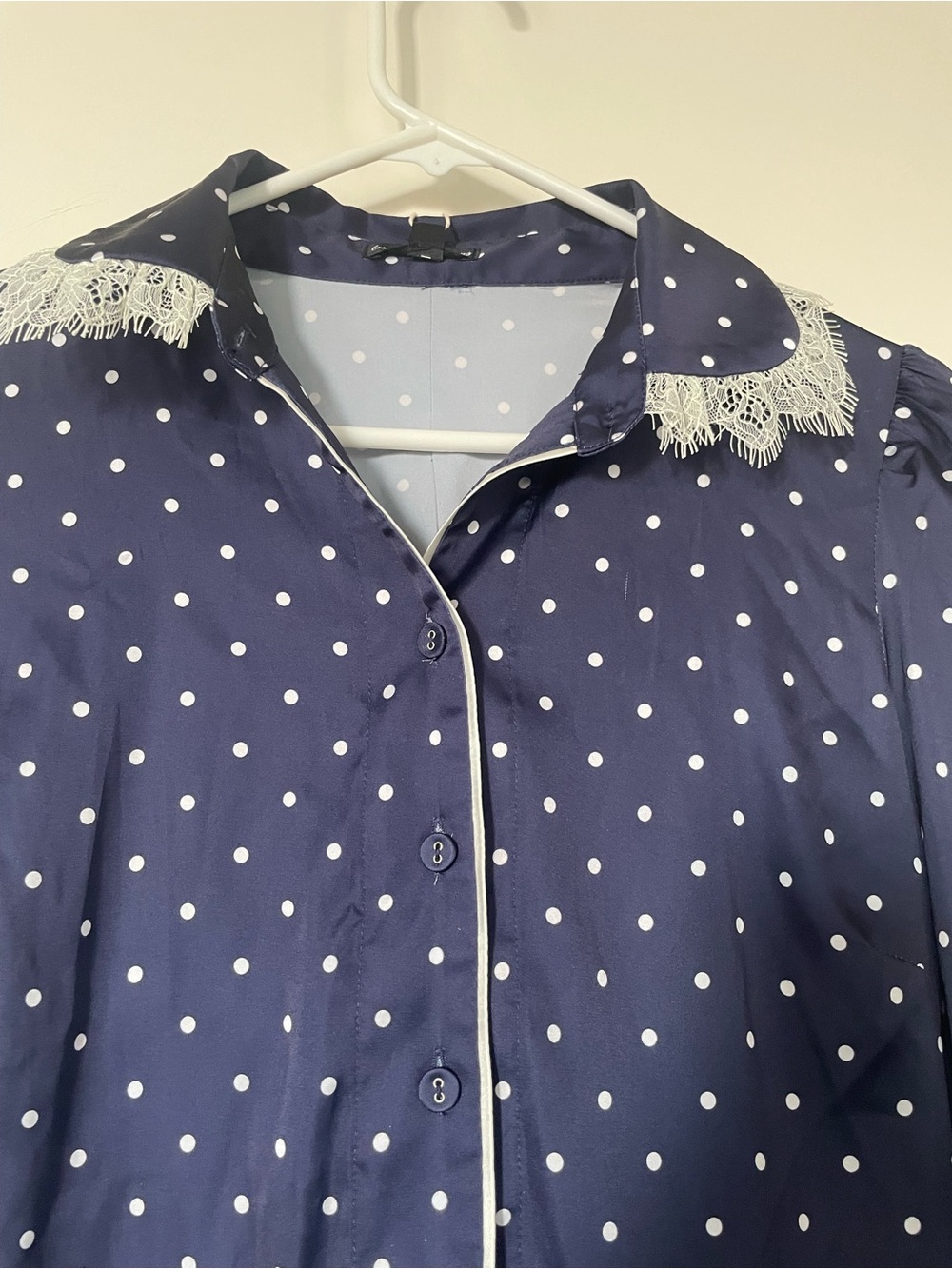 For Love & Lemons Navy Polka Dot Blouse with Cream Lace Trim - Picture 4 of 8